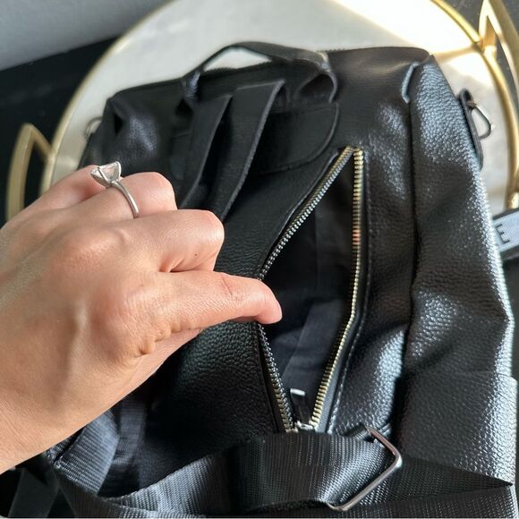 Faux Leather Black Convertible Backpack Bear Charm Work Travel Bag Overnight - Picture 11 of 11